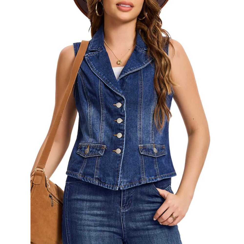 Women's Denim Vest Sleeveless V Neck Notched Lapel Western Waistcoat Dark Blue